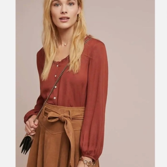 Anthropologie DOLAN left Coast Rust Orange Marilyn Ruffle Blouse Size Small - Picture 2 of 9